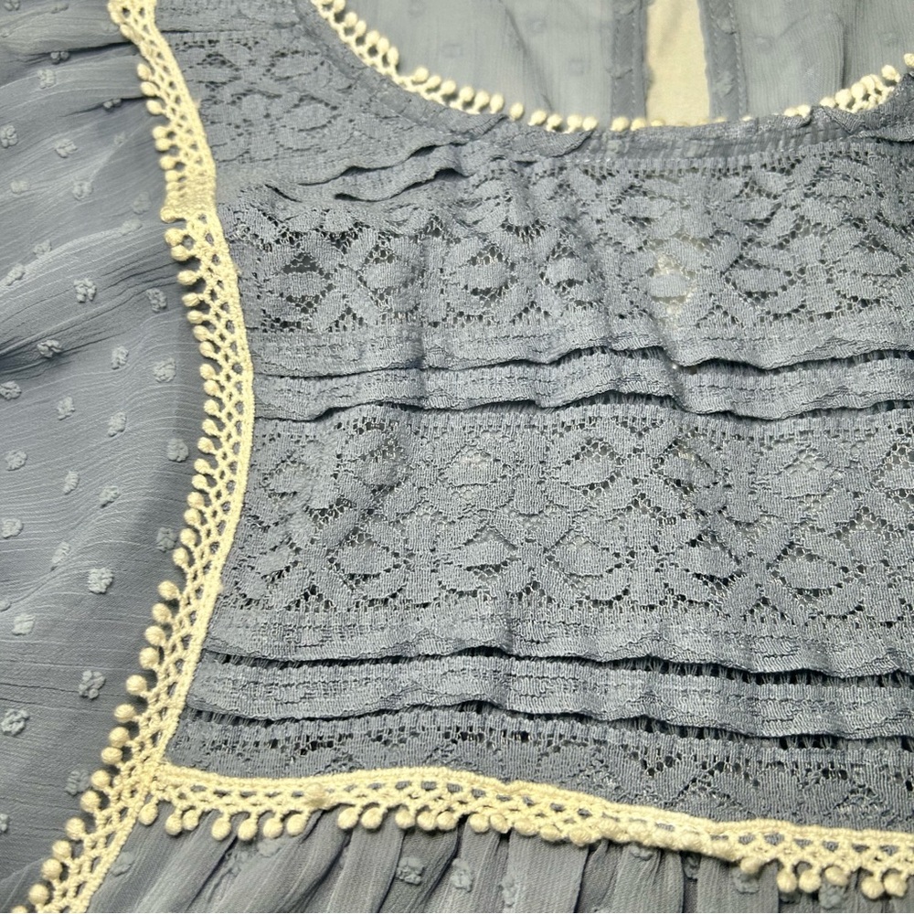 Umgee Blue Sheer Swiss Dot Lace Trim Balloon Sleeve Cottagecore Blouse Sz Medium - Picture 9 of 16